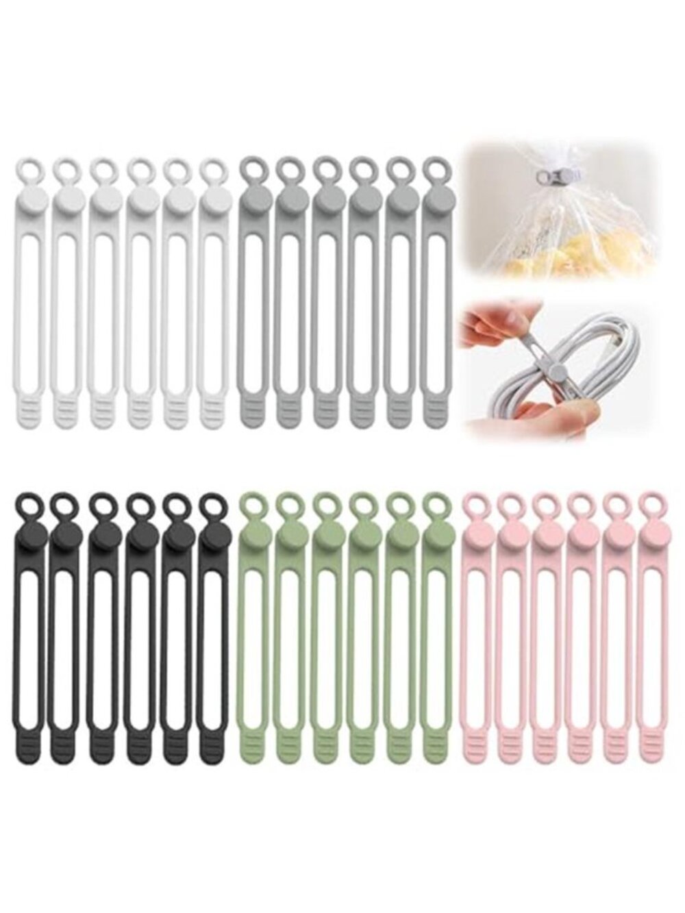 30pc Silicone Cable Ties Reusable Cord Organizer Wire Management Colorful Set